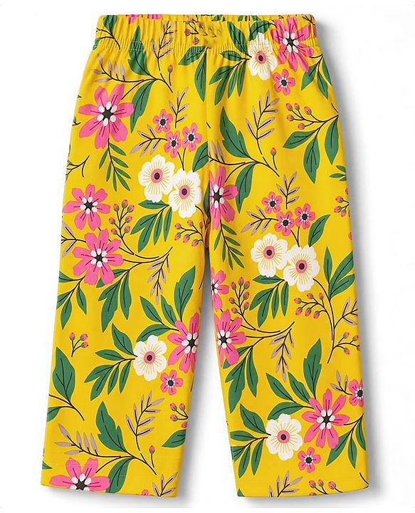 Babyhug 100% Cotton Knit Full Sleeves Co-Ords T-Shirt & Pyjama Night Suit with Floral Print - Yellow