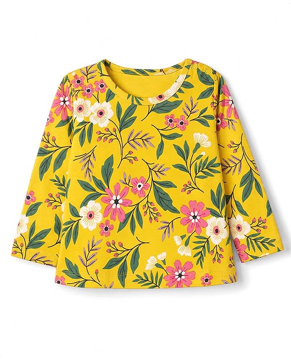 Babyhug 100% Cotton Knit Full Sleeves Co-Ords T-Shirt & Pyjama Night Suit with Floral Print - Yellow