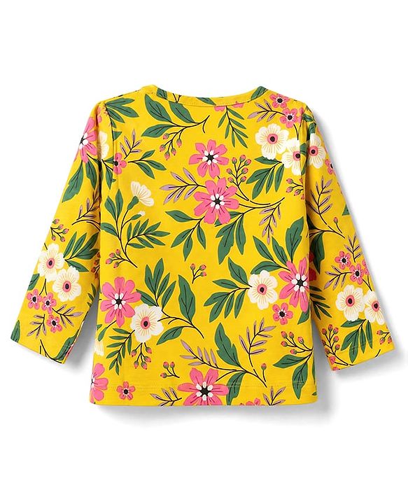Babyhug 100% Cotton Knit Full Sleeves Co-Ords T-Shirt & Pyjama Night Suit with Floral Print - Yellow