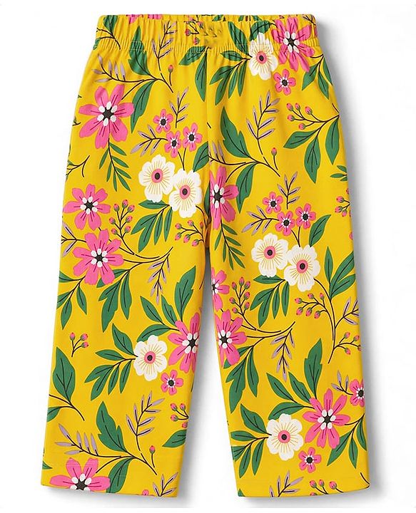 Babyhug 100% Cotton Knit Full Sleeves Co-Ords T-Shirt & Pyjama Night Suit with Floral Print - Yellow