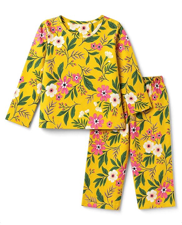 Babyhug 100% Cotton Knit Full Sleeves Co-Ords T-Shirt & Pyjama Night Suit with Floral Print - Yellow
