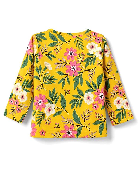 Babyhug 100% Cotton Knit Full Sleeves Co-Ords T-Shirt & Pyjama Night Suit with Floral Print - Yellow