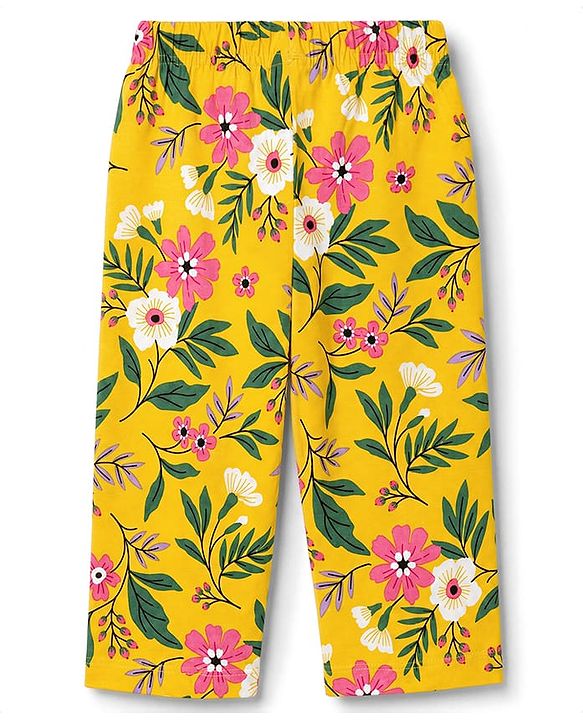 Babyhug 100% Cotton Knit Full Sleeves Co-Ords T-Shirt & Pyjama Night Suit with Floral Print - Yellow