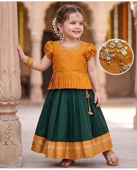 Babyhug Cotton Woven Half Sleeves Embroidered Choli & Lehenga Set - Green