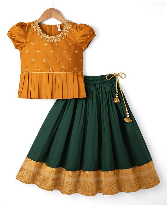 Babyhug Cotton Woven Half Sleeves Embroidered Choli & Lehenga Set - Green