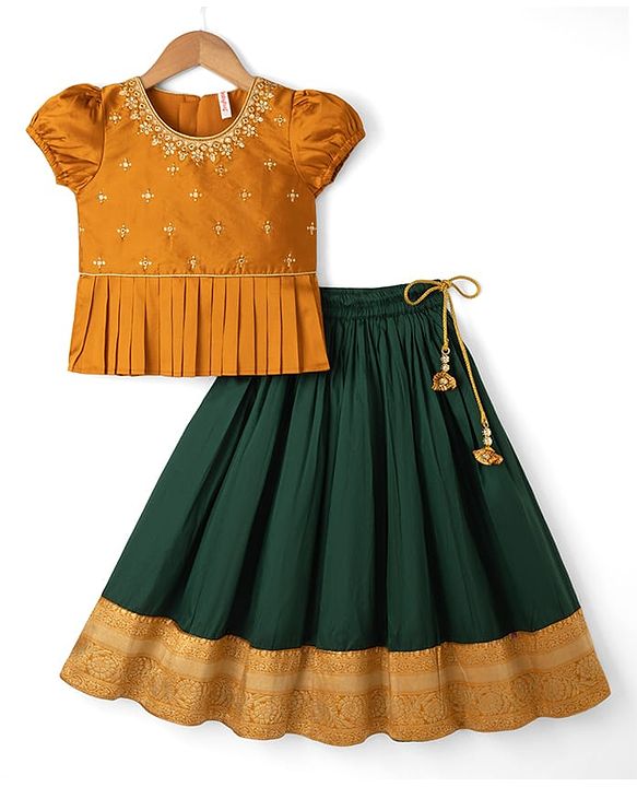 Babyhug Cotton Woven Half Sleeves Embroidered Choli & Lehenga Set - Green