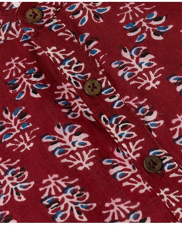 Babyhug 100% Cotton Cambric Woven Kurta and Pajama with Full Sleeves and Floral Embroidery in Red