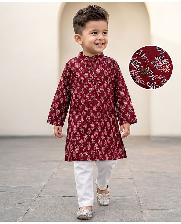 Babyhug 100% Cotton Cambric Woven Kurta and Pajama with Full Sleeves and Floral Embroidery in Red