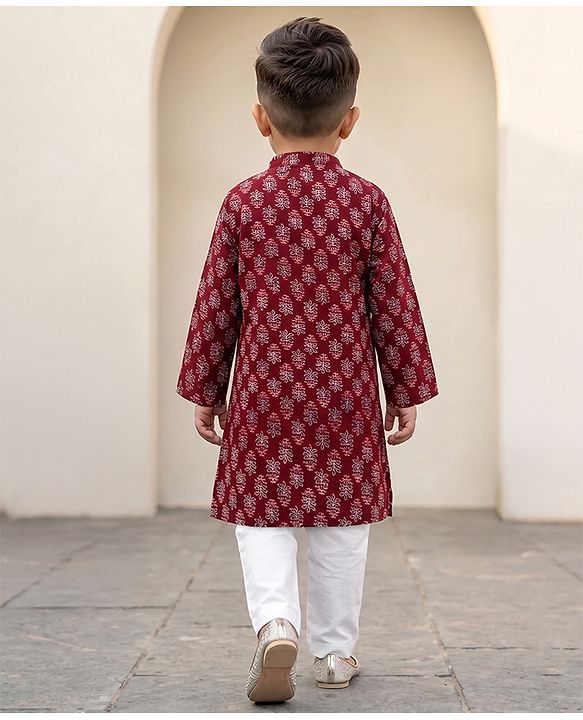 Babyhug 100% Cotton Cambric Woven Kurta and Pajama with Full Sleeves and Floral Embroidery in Red