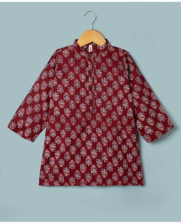 Babyhug 100% Cotton Cambric Woven Kurta and Pajama with Full Sleeves and Floral Embroidery in Red