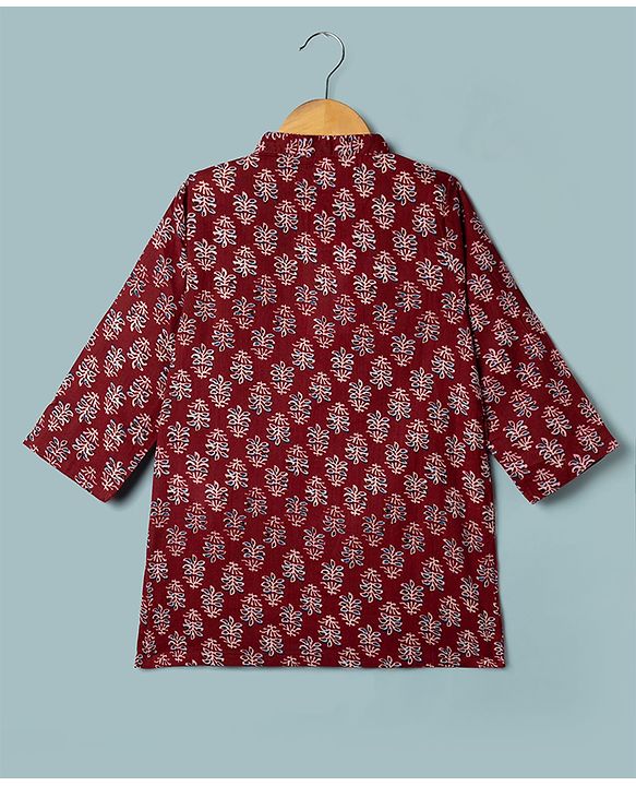 Babyhug 100% Cotton Cambric Woven Kurta and Pajama with Full Sleeves and Floral Embroidery in Red