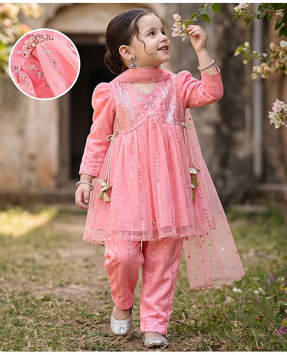Babyhug Woven Net Three-Fourth Sleeves Sequinned Kurta & Pant Set With Dupatta - Peach