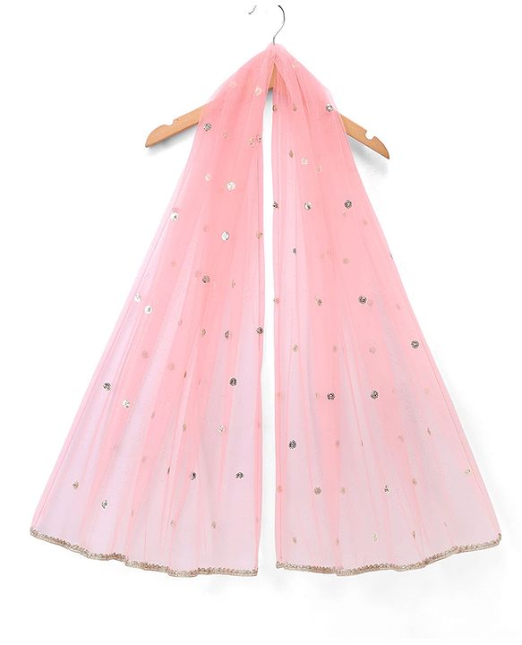 Babyhug Woven Net Three-Fourth Sleeves Sequinned Kurta & Pant Set With Dupatta - Peach