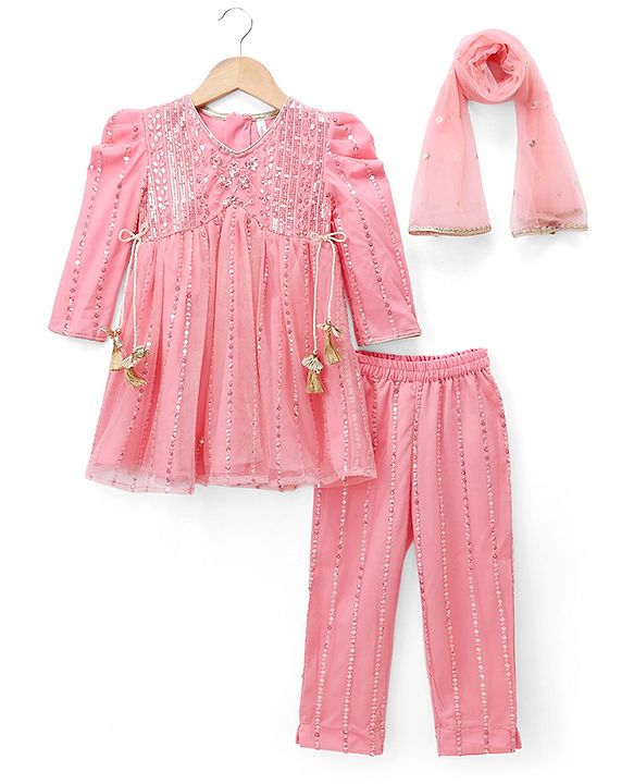 Babyhug Woven Net Three-Fourth Sleeves Sequinned Kurta & Pant Set With Dupatta - Peach