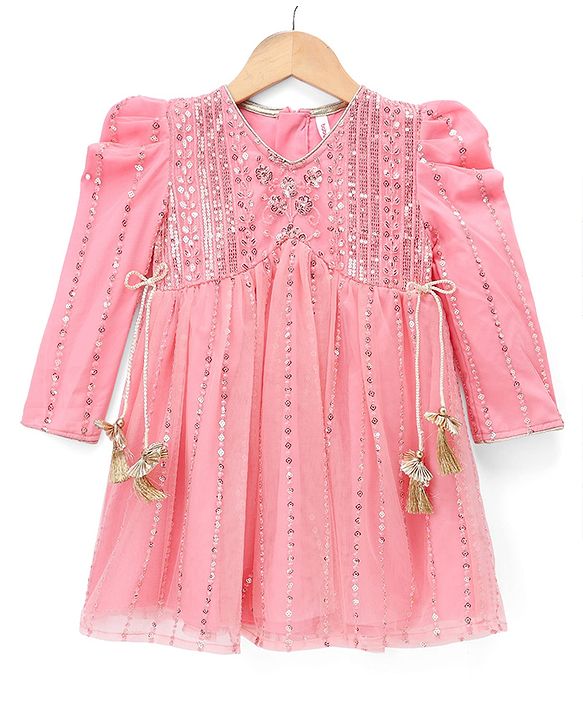 Babyhug Woven Net Three-Fourth Sleeves Sequinned Kurta & Pant Set With Dupatta - Peach