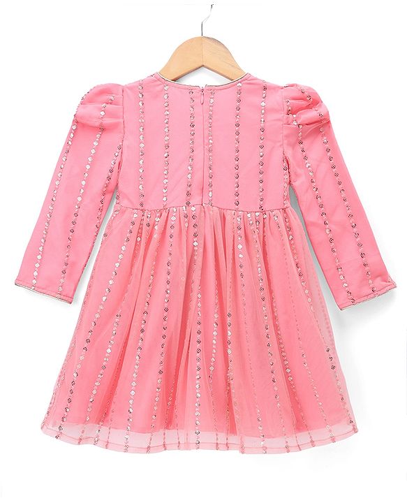 Babyhug Woven Net Three-Fourth Sleeves Sequinned Kurta & Pant Set With Dupatta - Peach