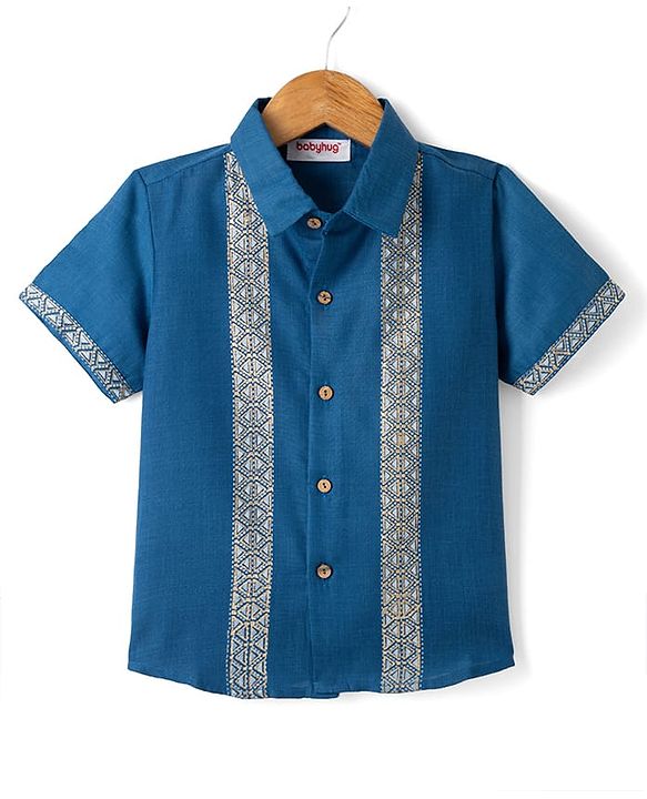 Babyhug Cotton Blend Woven Half Sleeves Printed Shirt - Blue