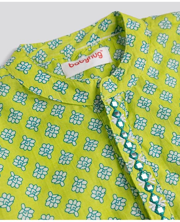 Babyhug 100% Cotton Cambric Woven Full Sleeves Floral Printed Dhoti Kurta Set - Green