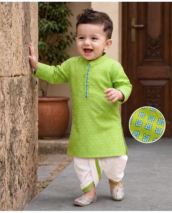 Babyhug 100% Cotton Cambric Woven Full Sleeves Floral Printed Dhoti Kurta Set - Green