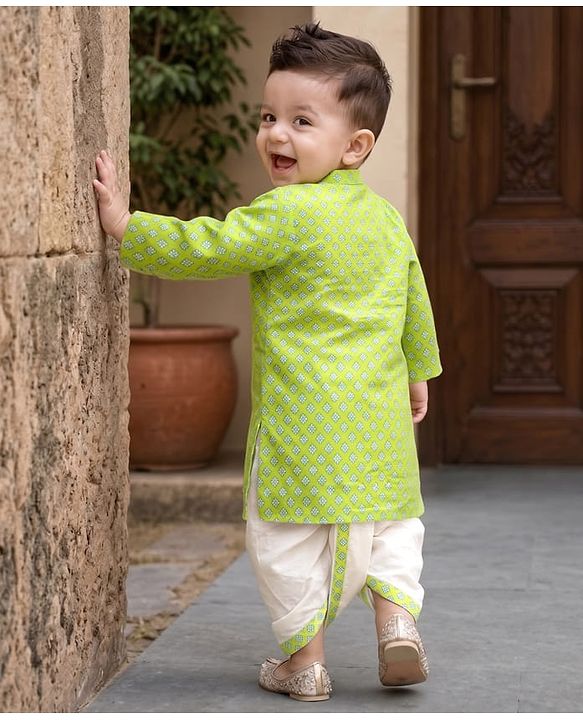 Babyhug 100% Cotton Cambric Woven Full Sleeves Floral Printed Dhoti Kurta Set - Green
