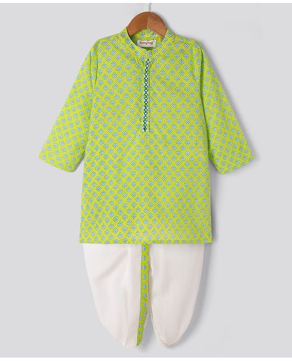 Babyhug 100% Cotton Cambric Woven Full Sleeves Floral Printed Dhoti Kurta Set - Green