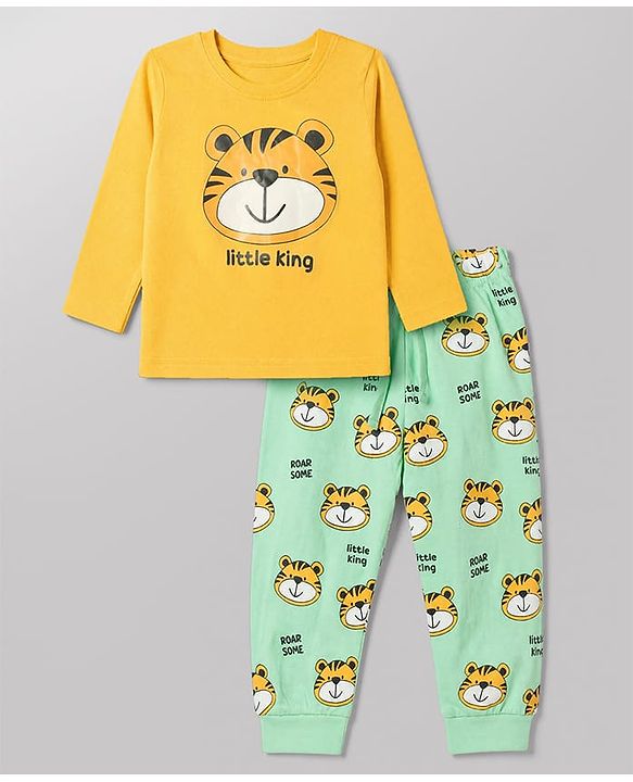 Babyhug 100% Cotton Knit Full Sleeves T-Shirt & Pyjama Night Suit with Tiger Print - Yellow
