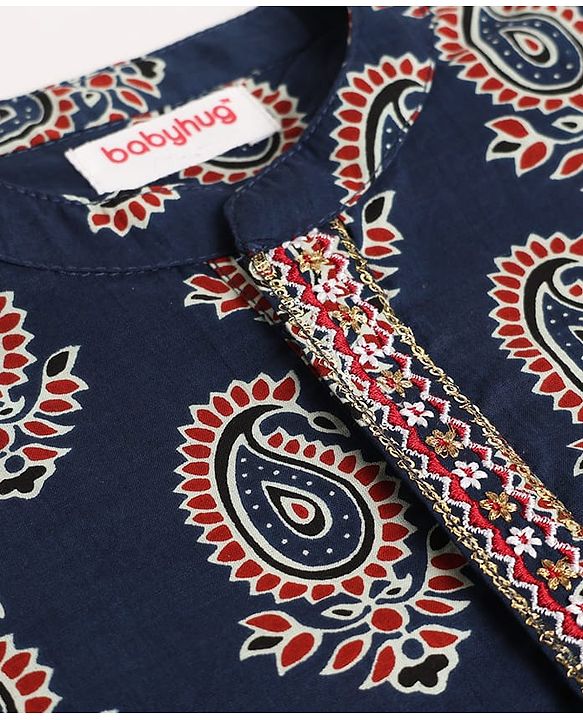 Babyhug 100% Cotton Cambric Woven Full Sleeves Printed Kurta & Dhoti Set - Navy Blue