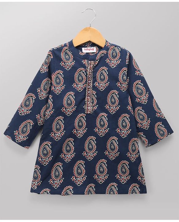 Babyhug 100% Cotton Cambric Woven Full Sleeves Printed Kurta & Dhoti Set - Navy Blue