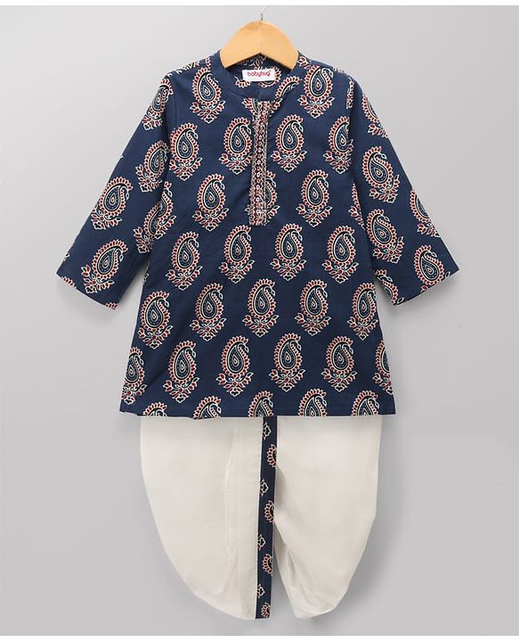 Babyhug 100% Cotton Cambric Woven Full Sleeves Printed Kurta & Dhoti Set - Navy Blue