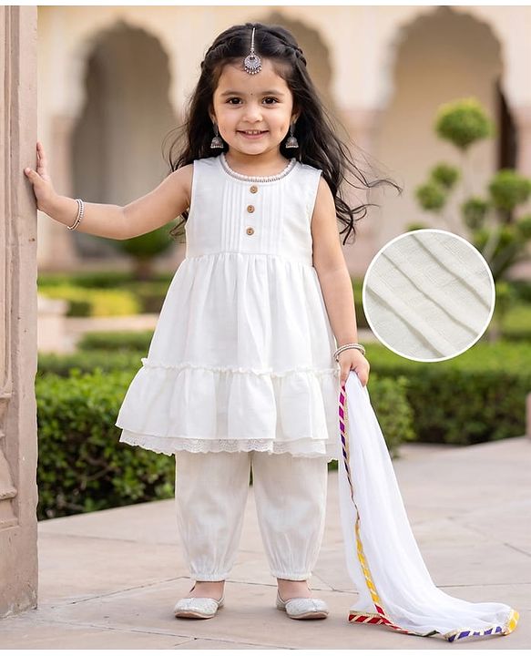 Babyhug Cotton Blend Woven Sleeveless Solid Kurti Salwar and Dupatta - White