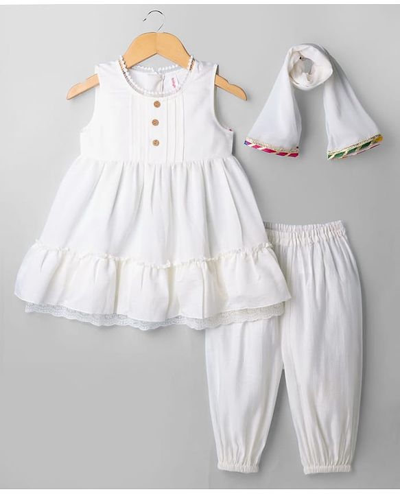 Babyhug Cotton Blend Woven Sleeveless Solid Kurti Salwar and Dupatta - White