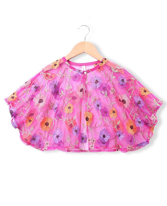 Babyhug Net Woven Sleeveless Choli & Lehenga Set With Floral Embroidered Jacket - Fuchsia