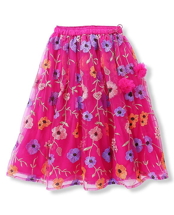 Babyhug Net Woven Sleeveless Choli & Lehenga Set With Floral Embroidered Jacket - Fuchsia