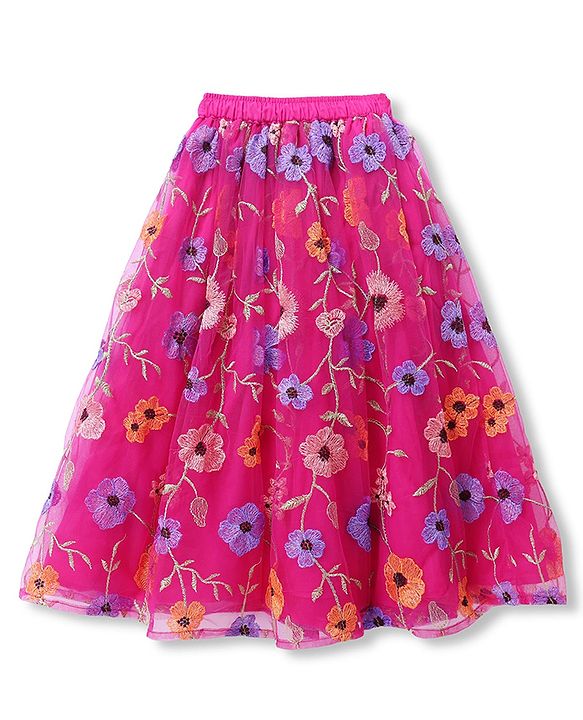Babyhug Net Woven Sleeveless Choli & Lehenga Set With Floral Embroidered Jacket - Fuchsia
