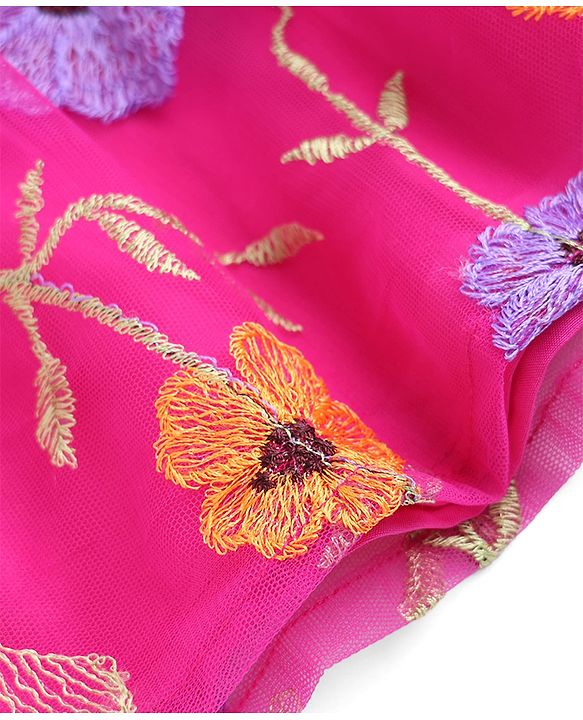 Babyhug Net Woven Sleeveless Choli & Lehenga Set With Floral Embroidered Jacket - Fuchsia