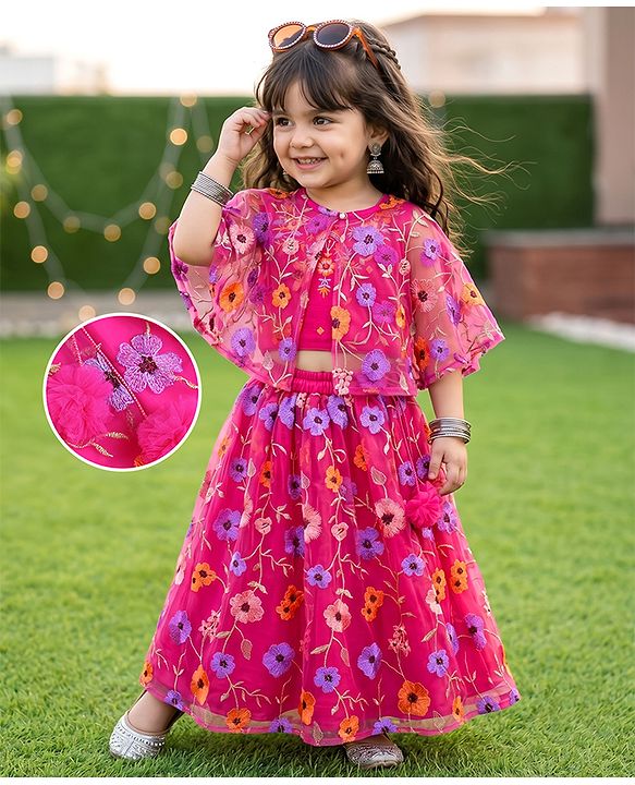Babyhug Net Woven Sleeveless Choli & Lehenga Set With Floral Embroidered Jacket - Fuchsia