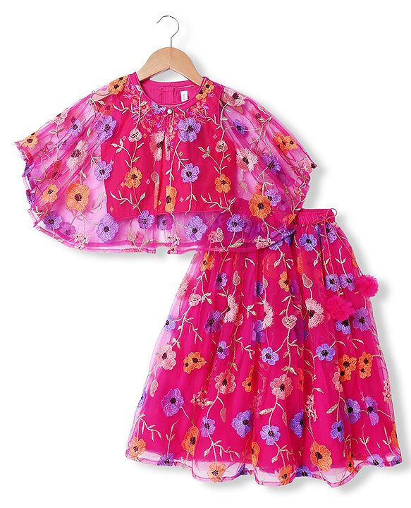 Babyhug Net Woven Sleeveless Choli & Lehenga Set With Floral Embroidered Jacket - Fuchsia
