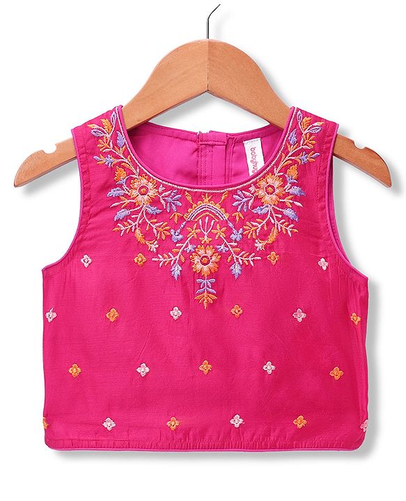 Babyhug Net Woven Sleeveless Choli & Lehenga Set With Floral Embroidered Jacket - Fuchsia