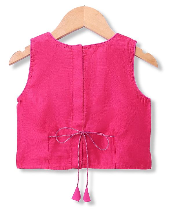 Babyhug Net Woven Sleeveless Choli & Lehenga Set With Floral Embroidered Jacket - Fuchsia