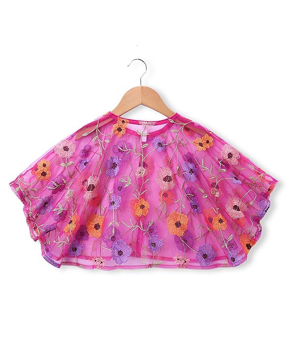 Babyhug Net Woven Sleeveless Choli & Lehenga Set With Floral Embroidered Jacket - Fuchsia