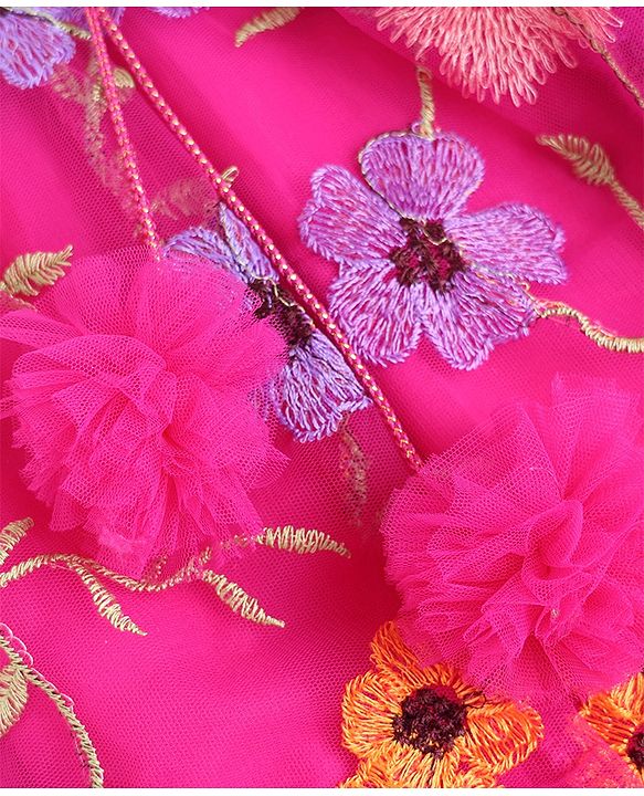 Babyhug Net Woven Sleeveless Choli & Lehenga Set With Floral Embroidered Jacket - Fuchsia