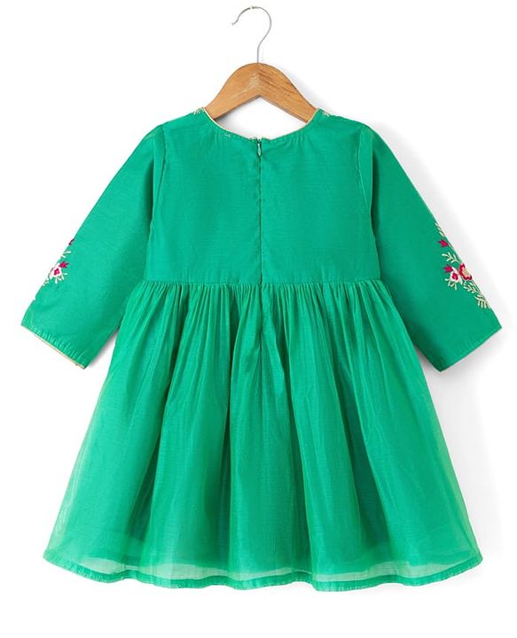 Babyhug Chanderi Woven Three-Fourth Sleeves Kurta & Gharara Set With Dupatta & Floral Embroidery - Green