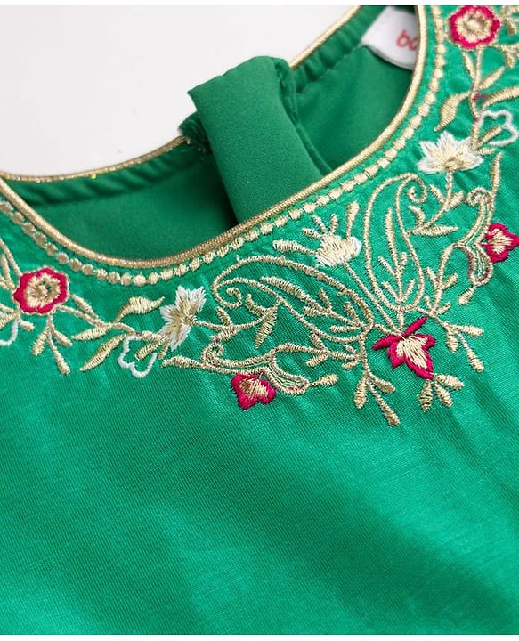 Babyhug Chanderi Woven Three-Fourth Sleeves Kurta & Gharara Set With Dupatta & Floral Embroidery - Green