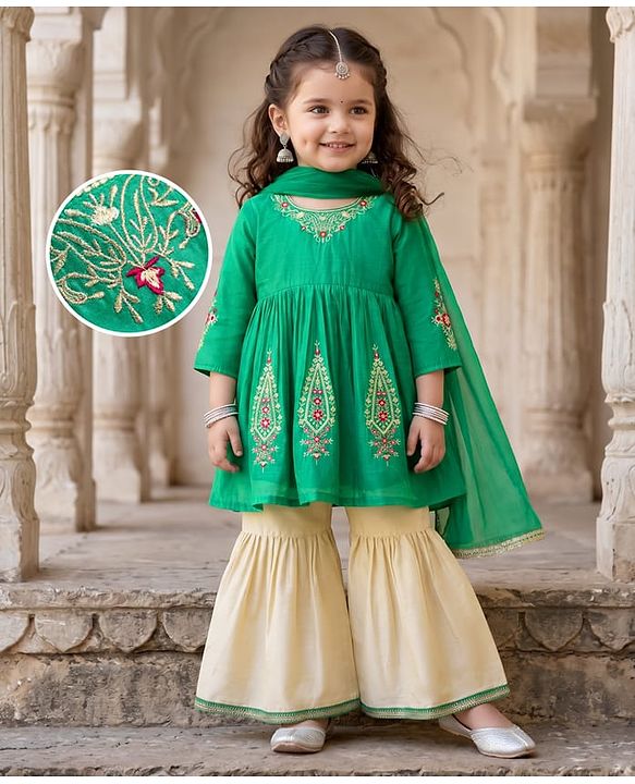 Babyhug Chanderi Woven Three-Fourth Sleeves Kurta & Gharara Set With Dupatta & Floral Embroidery - Green