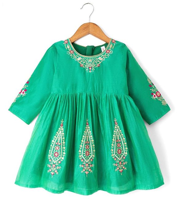 Babyhug Chanderi Woven Three-Fourth Sleeves Kurta & Gharara Set With Dupatta & Floral Embroidery - Green