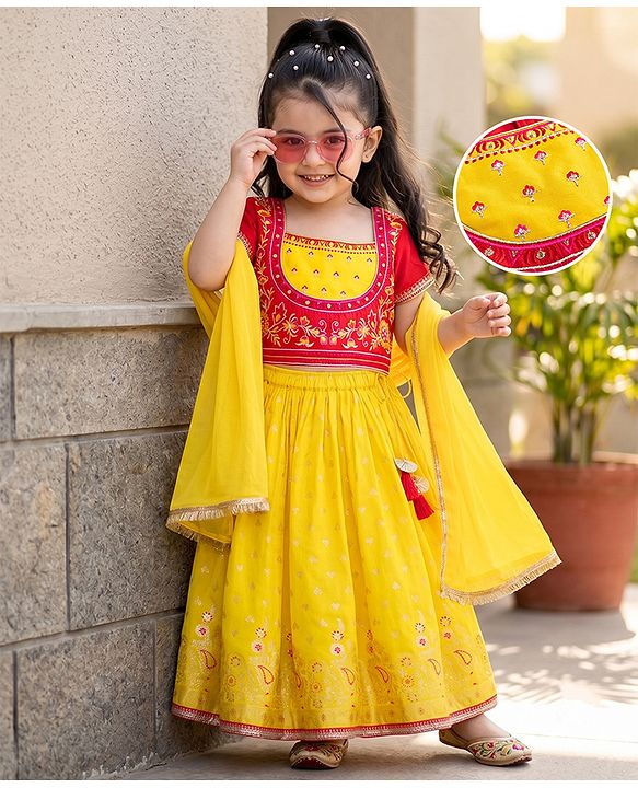 Babyhug Georgette Woven Half Sleeves Lehenga Choli and Dupatta Set With Floral Embroidery & Foil Print - Yellow