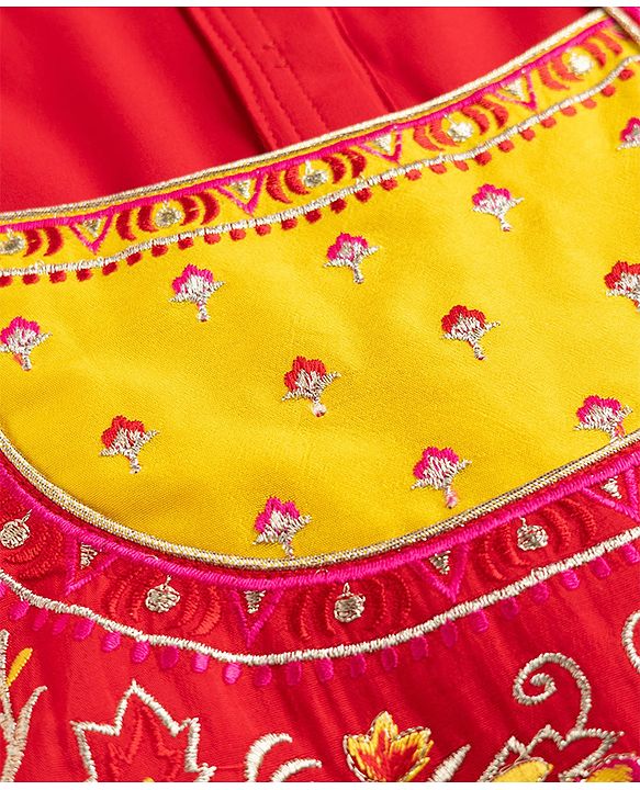 Babyhug Georgette Woven Half Sleeves Lehenga Choli and Dupatta Set With Floral Embroidery & Foil Print - Yellow