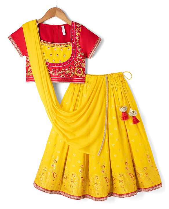 Babyhug Georgette Woven Half Sleeves Lehenga Choli and Dupatta Set With Floral Embroidery & Foil Print - Yellow