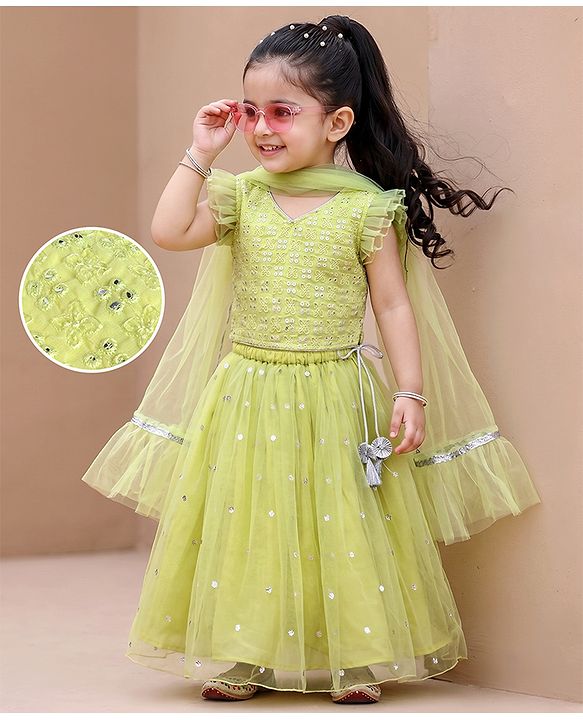 Babyhug Georgette Woven Frill Half Sleeves Lehenga Choli & Dupatta Set With Floral Sequin Embroidery - Limegreen