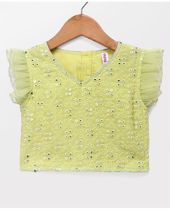 Babyhug Georgette Woven Frill Half Sleeves Lehenga Choli & Dupatta Set With Floral Sequin Embroidery - Limegreen